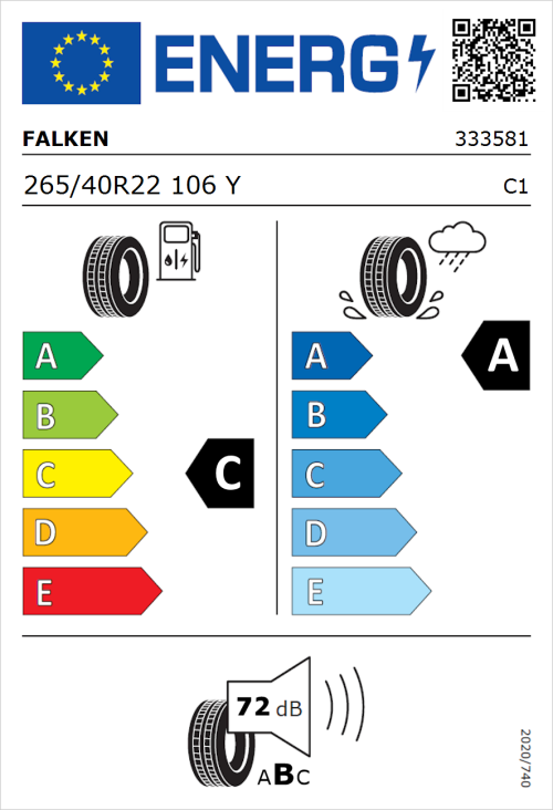 Tyre Label for Falken Azenis FK510 SUV 265/40R22 106Y