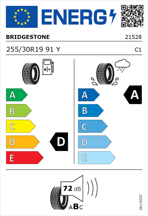 Tyre Label for Bridgestone Potenza Sport 255/30R19 91Y