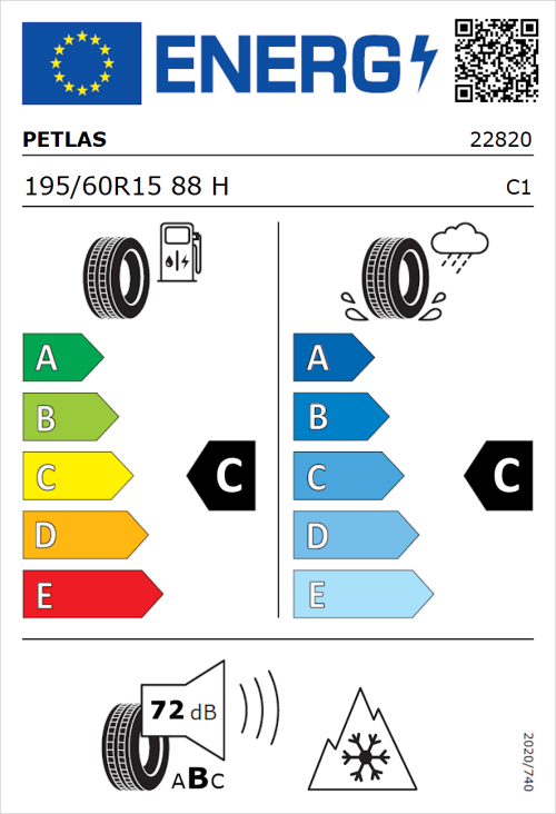 Tyre Label for Petlas Multi Action PT565 195/60R15 88H