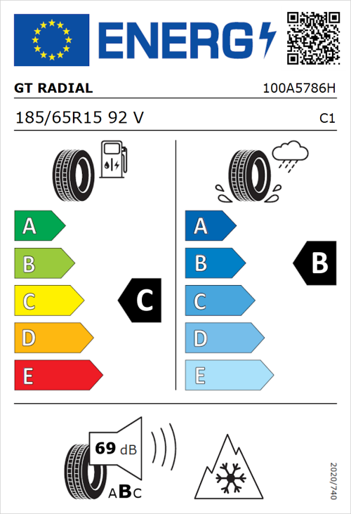 Tyre Label for GT Radial Climate Active 185/65R15 92V
