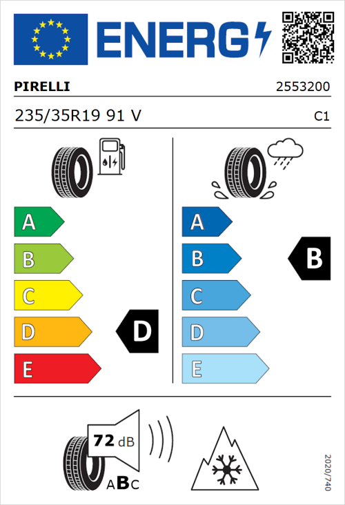 Tyre Label for Pirelli Winter Sottozero 3 235/35R19 91V