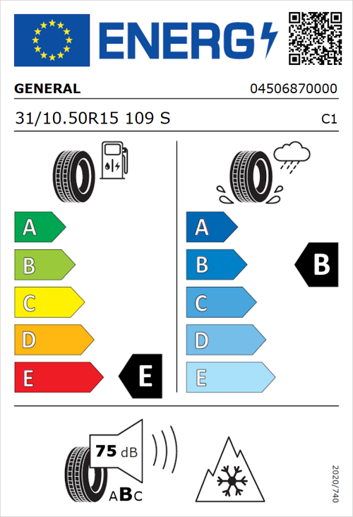 Tyre Label for General Grabber AT 3 (WL) 31/10.50R15 109S